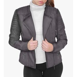 Olivia Miller Faux Leather Moto Biker Jacket Grey